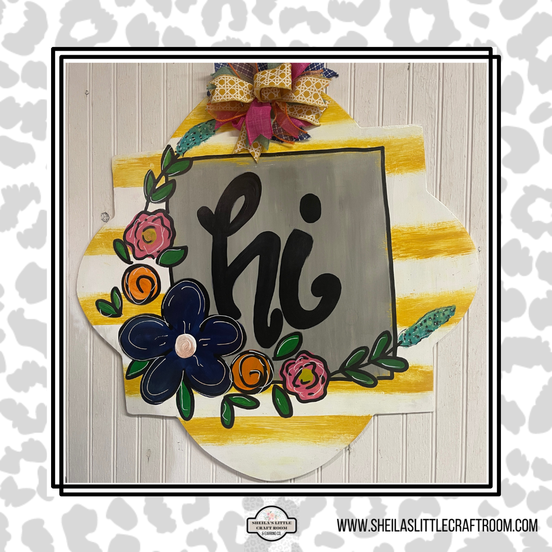 SUMMER HI with yellow stripe background and flowers