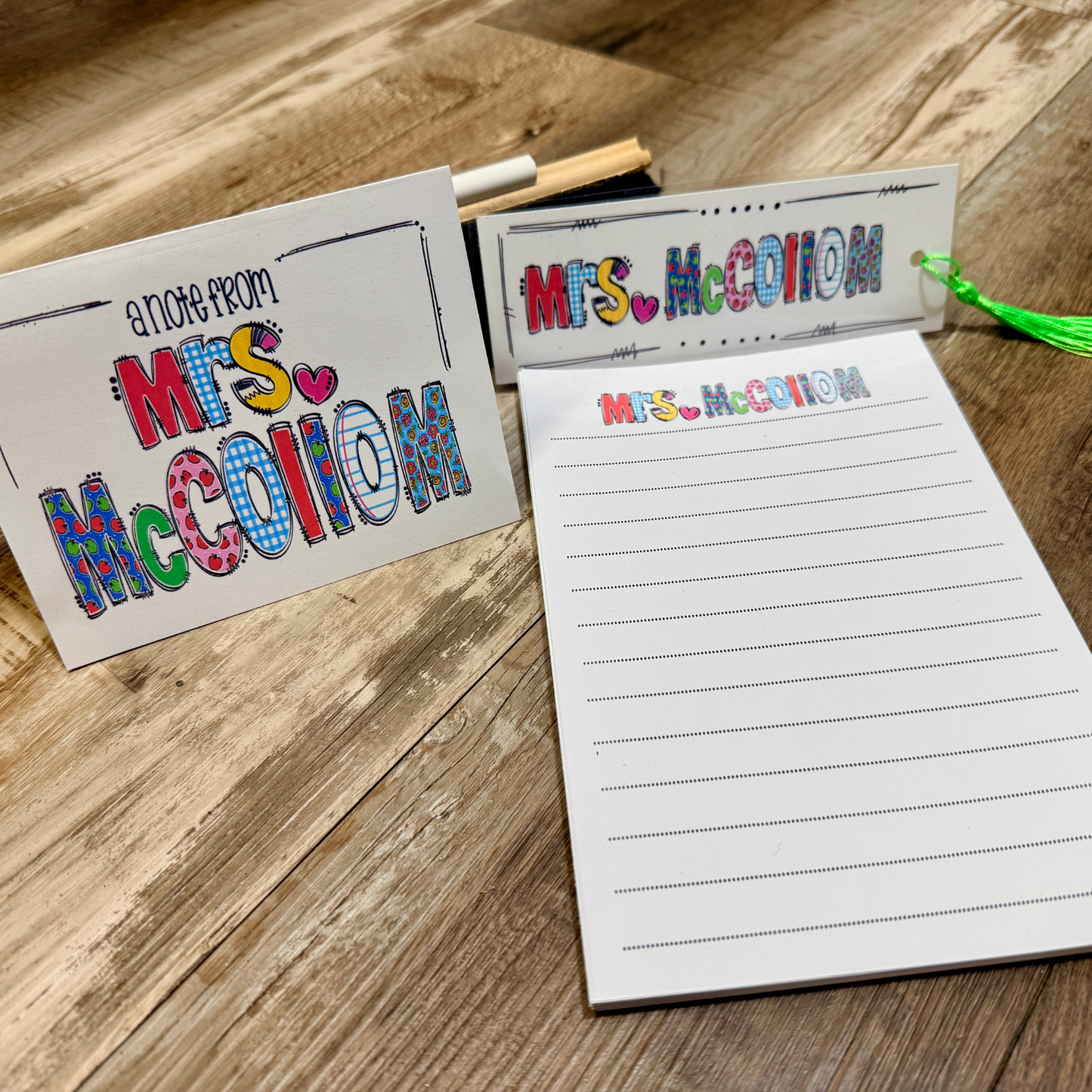 PERSONALIZED TEACHER STATIONERY SET WITH NOTECARDS, BOOKMARKS, AND A NOTEPAD