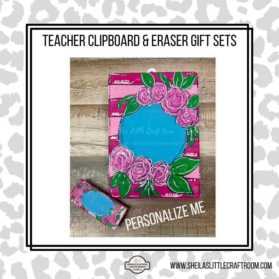 TEACHER CLIPBOARD & EARSER GIFT SETS - PINK STRIP W/ FLORAL