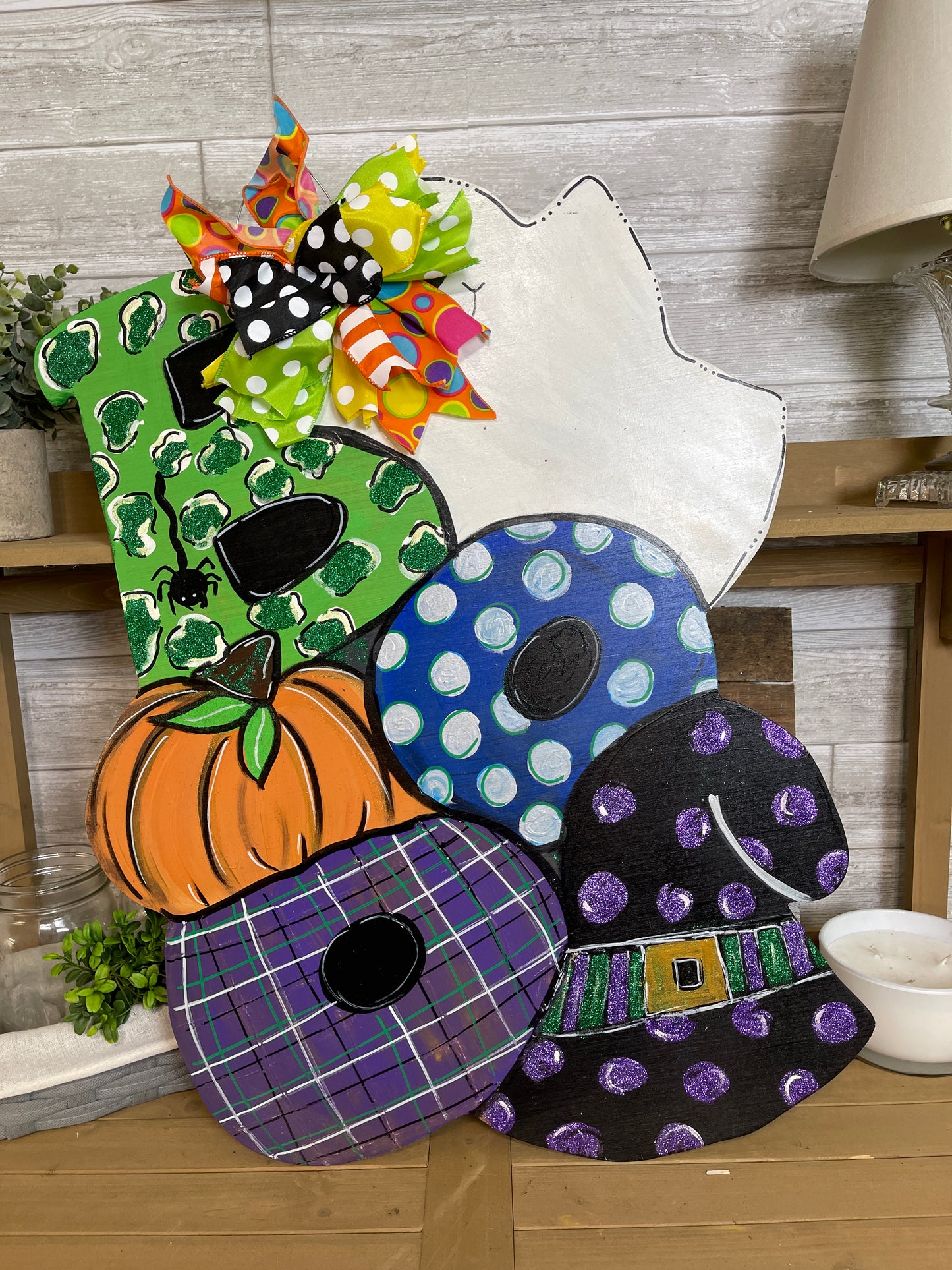 BOO WITH GHOST, PUMPKIN AND WITCH HAT