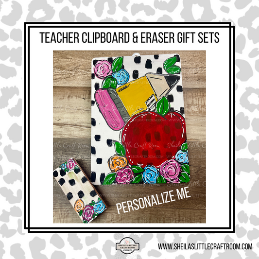 TEACHER CLIPBOARD & EARSER GIFT SETS - PENCIL, APPLE WITH DALMATION BACKGROUND