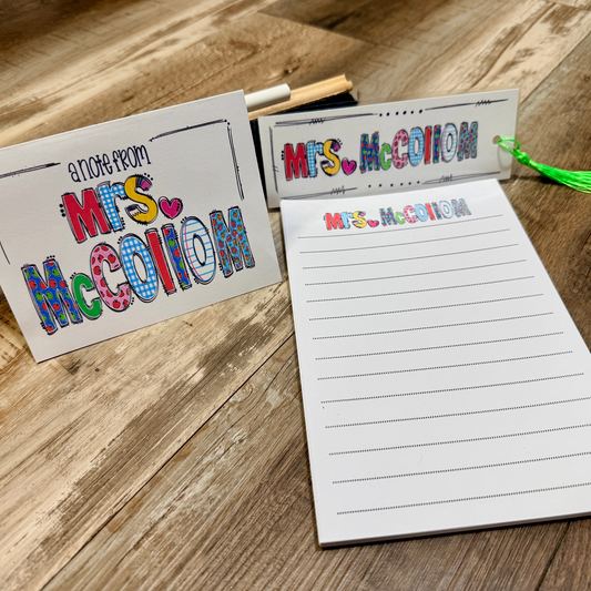 PERSONALIZED TEACHER STATIONERY SET WITH NOTECARDS, BOOKMARKS, AND A NOTEPAD