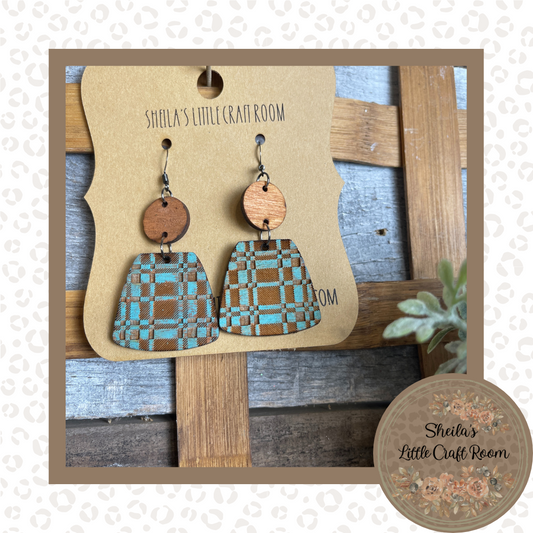 Plaid Wooden Dangle Earrings - Oblong Stacked- Turquoise